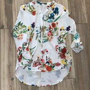 White floral high low button down v neck silk top